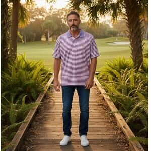 Peter Millar Indian Wells Golf Polo Shirt Purple Stripe Sz Large NWOT